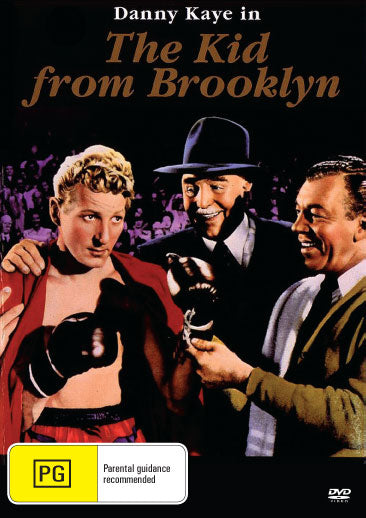 DVD cover of "The Kid From Brooklyn" comedy starring Danny Kaye and Virginia Mayo, featuring colorful movie artwork.