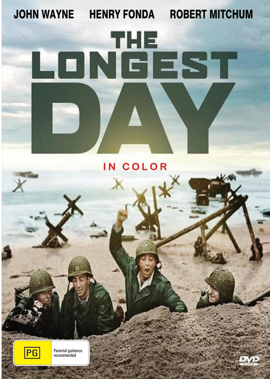 Color DVD of The Longest Day drama starring John Wayne and Robert Ryan, showing a scene from the World War II film.