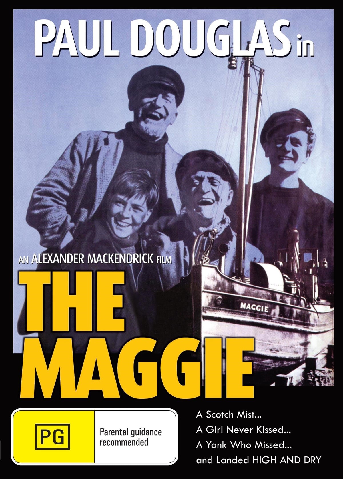 The Maggie DVD cover featuring comedy stars Paul Douglas and Alex MacKenzie, with a colorful movie poster design.