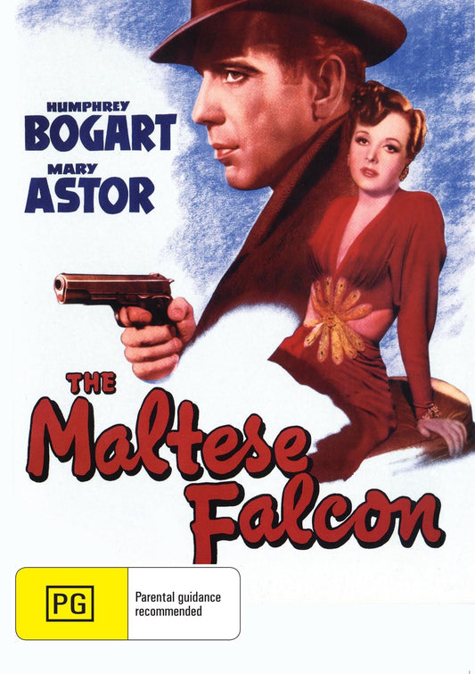 DVD of The Maltese Falcon featuring Humphrey Bogart and Mary Astor, depicting a classic romance film on a collectible DVD.