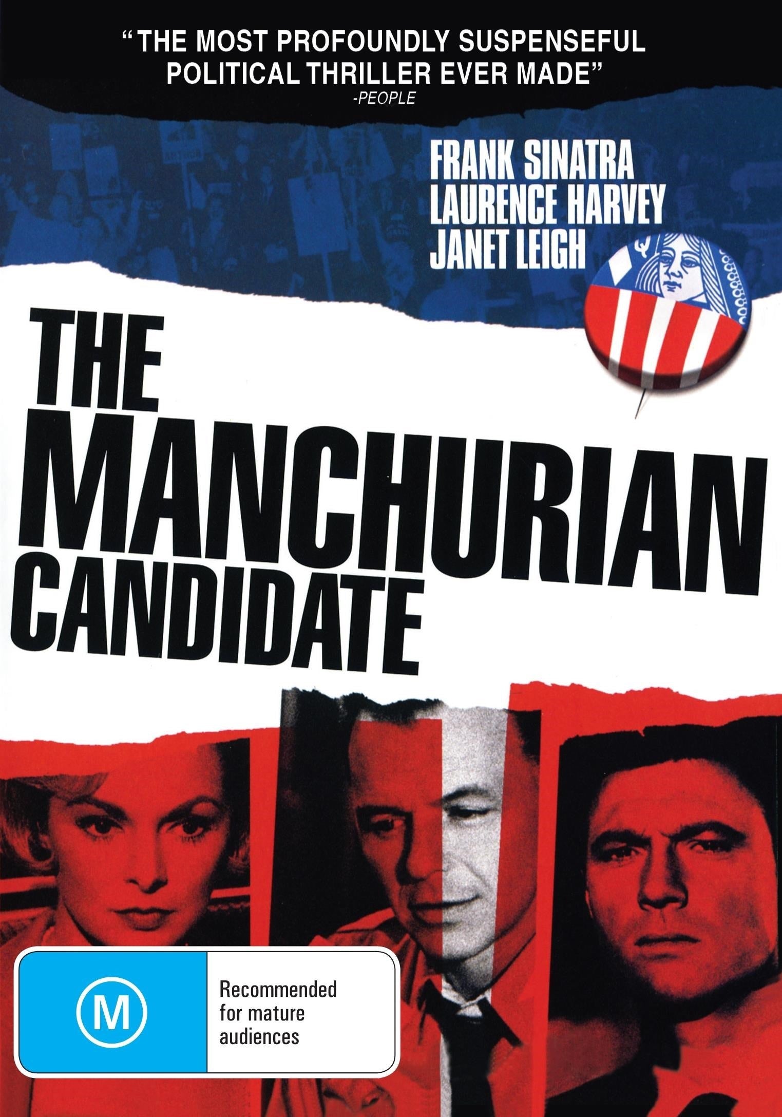 The Manchurian Candidate DVD featuring Frank Sinatra and Laurence Harvey, thriller movie cover with text and imagery from the film.