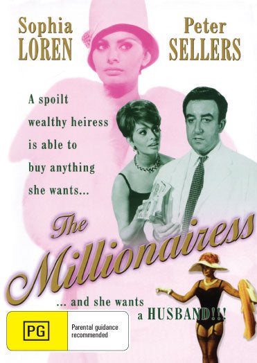 DVD cover of "The Millionairess" drama featuring Sophia Loren and Peter Sellers, from rareandcollectibledvds.