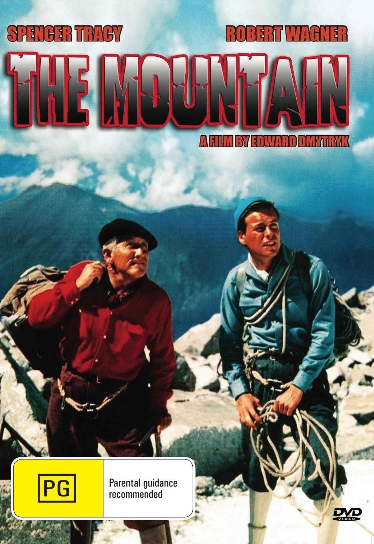DVD of The Mountain drama featuring Spencer Tracy and Robert Wagner, displayed on a shelf with cover art visible.