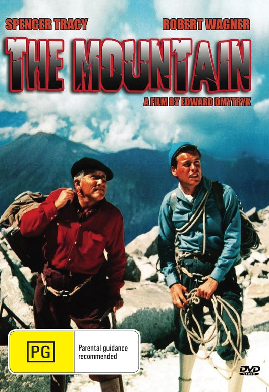 DVD of The Mountain drama featuring Spencer Tracy and Robert Wagner, displayed on a shelf with cover art visible.