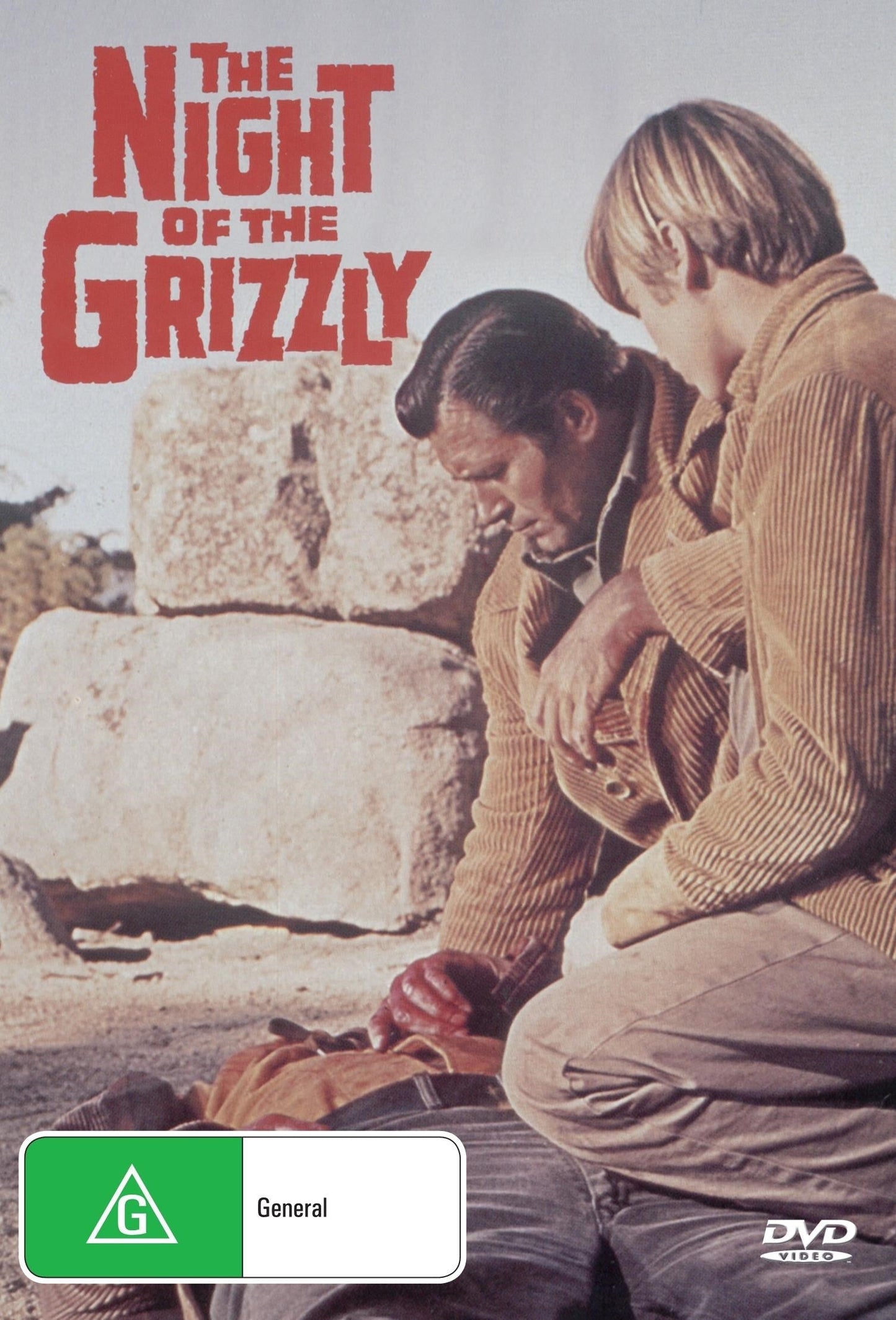 DVD cover of The Night of the Grizzly Western with Clint Walker and Martha Hyer, showcasing a rugged outdoor scene.