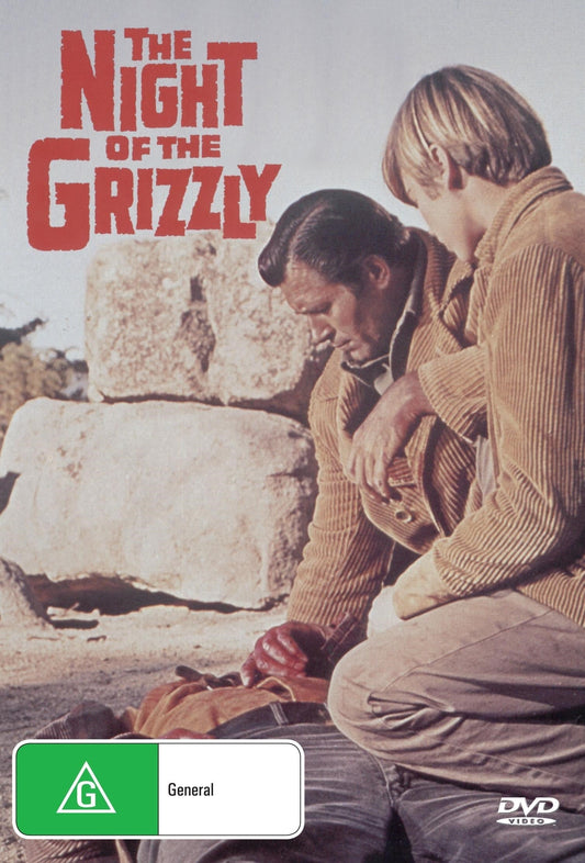 DVD cover of The Night of the Grizzly Western with Clint Walker and Martha Hyer, showcasing a rugged outdoor scene.