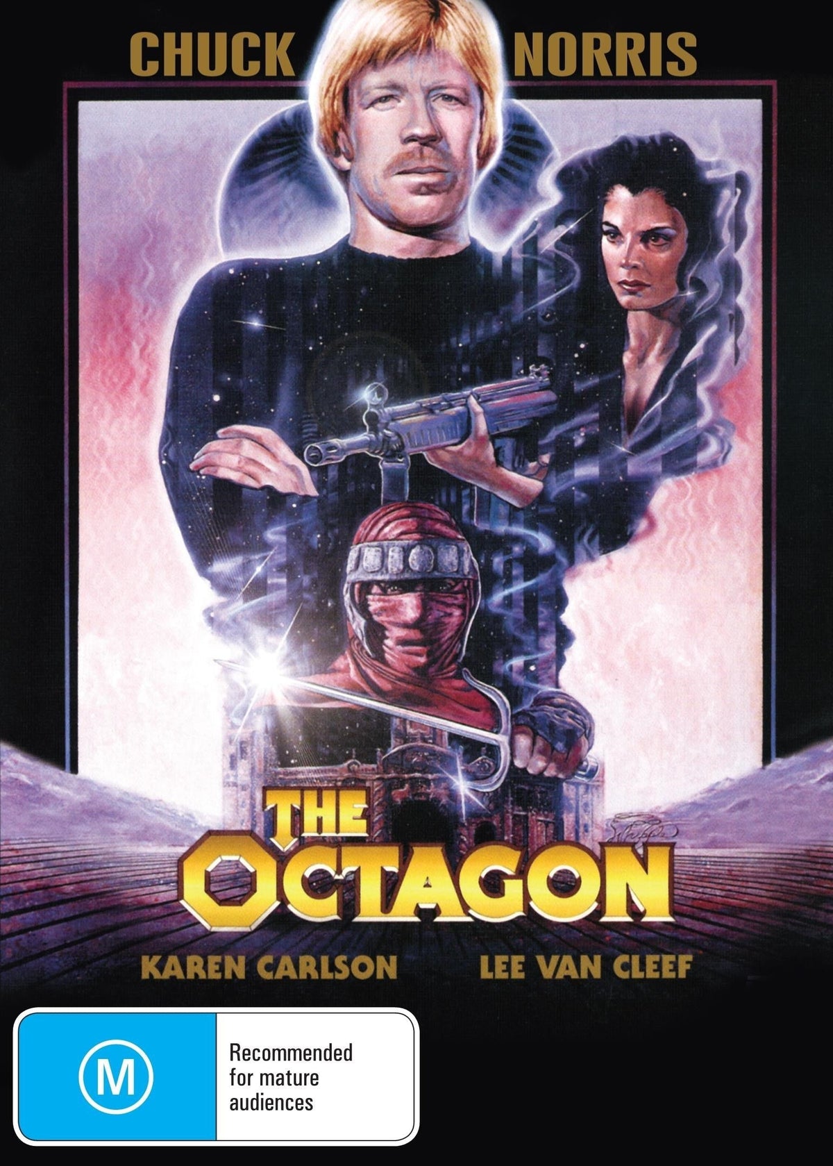 DVD of "The Octagon" dark comedy starring Chuck Norris and Karen Carlson, featuring cover art with action scenes and title text.