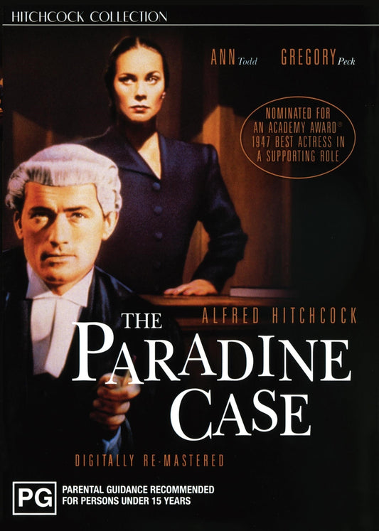 The Paradine Case DVD featuring Gregory Peck and Ann Todd, crime drama film, stored in a clear DVD case with cover art.