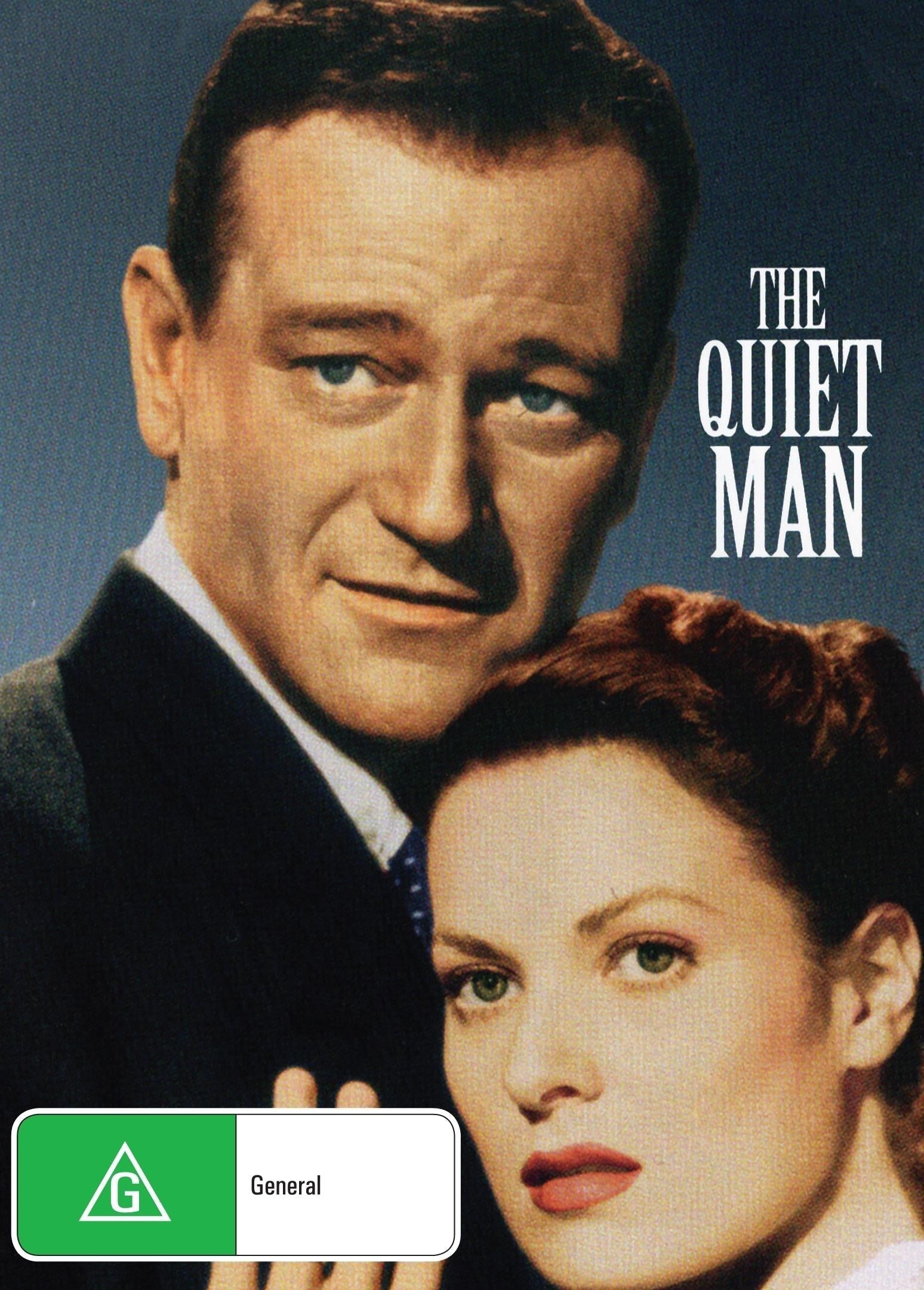DVD cover of The Quiet Man comedy featuring John Wayne and Maureen O'Hara, showing the film's main characters in a scenic Irish setting.
