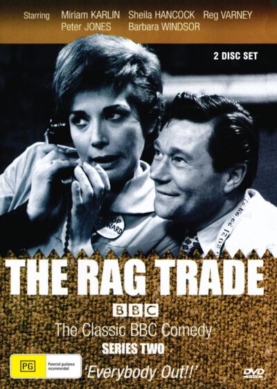 The Rag Trade Series 2 DVD featuring comedy stars Peter Jones and Miriam Karlin, showcasing a vintage British TV series.