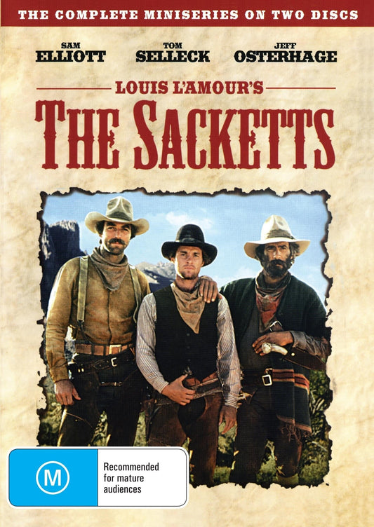 DVD cover of The Sacketts drama featuring Sam Elliott and Tom Selleck, showcasing the classic Western film.