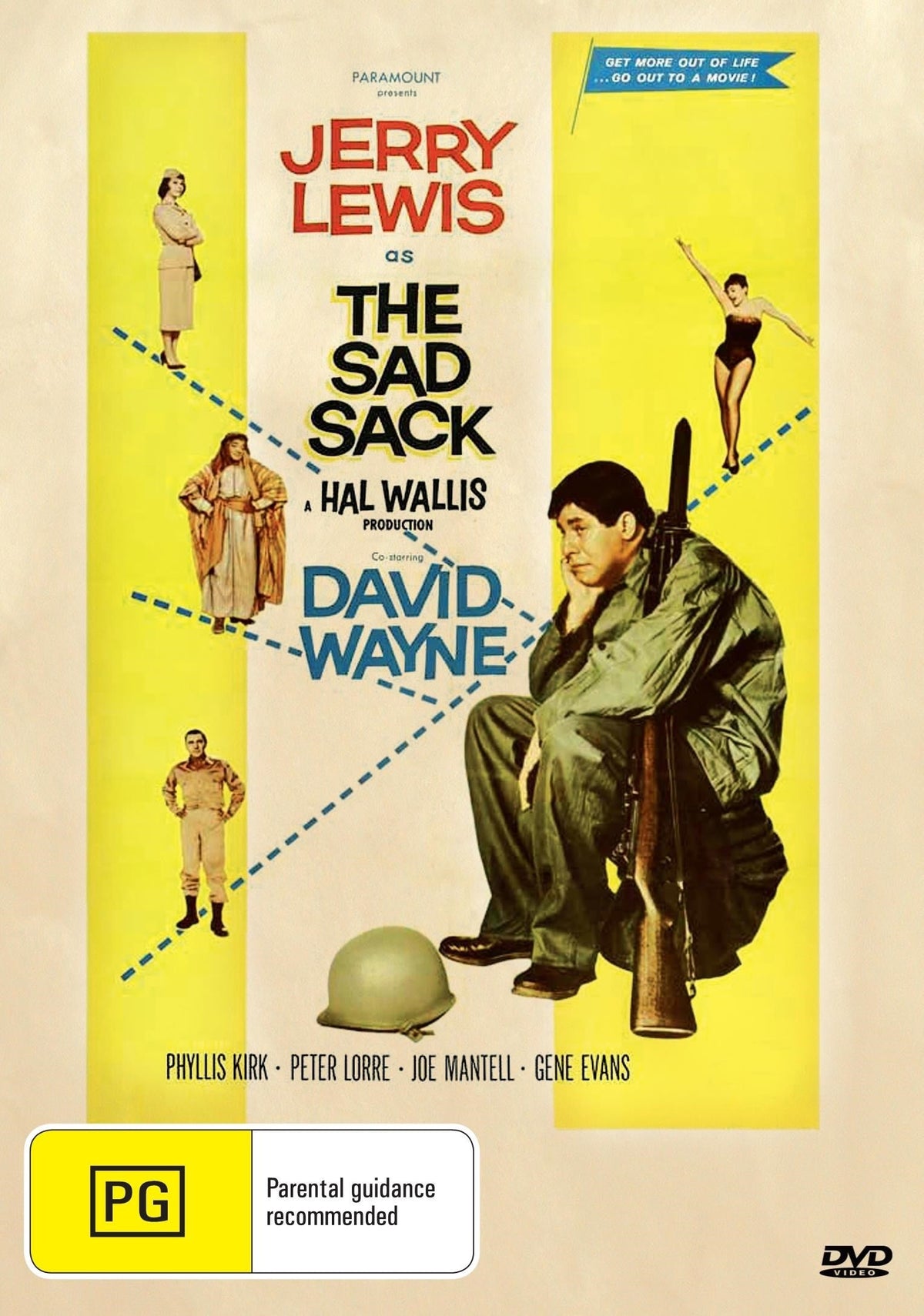DVD cover of "The Sad Sack" comedy featuring Jerry Lewis and Phyllis Kirk, showing the movie title and cast names.