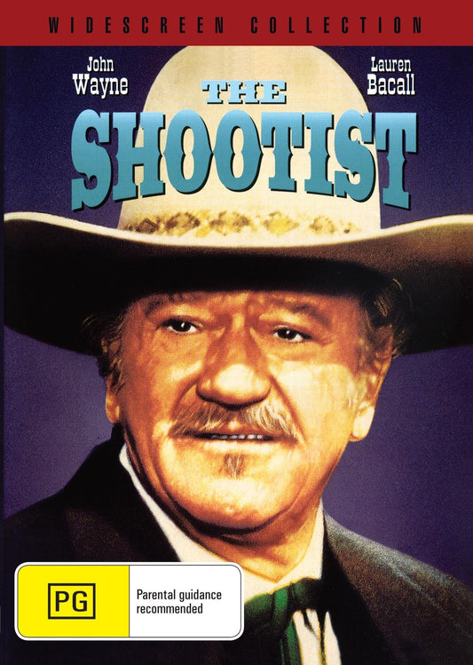 DVD cover of The Shootist starring John Wayne and Lauren Bacall, featuring a Western film with dramatic visuals.