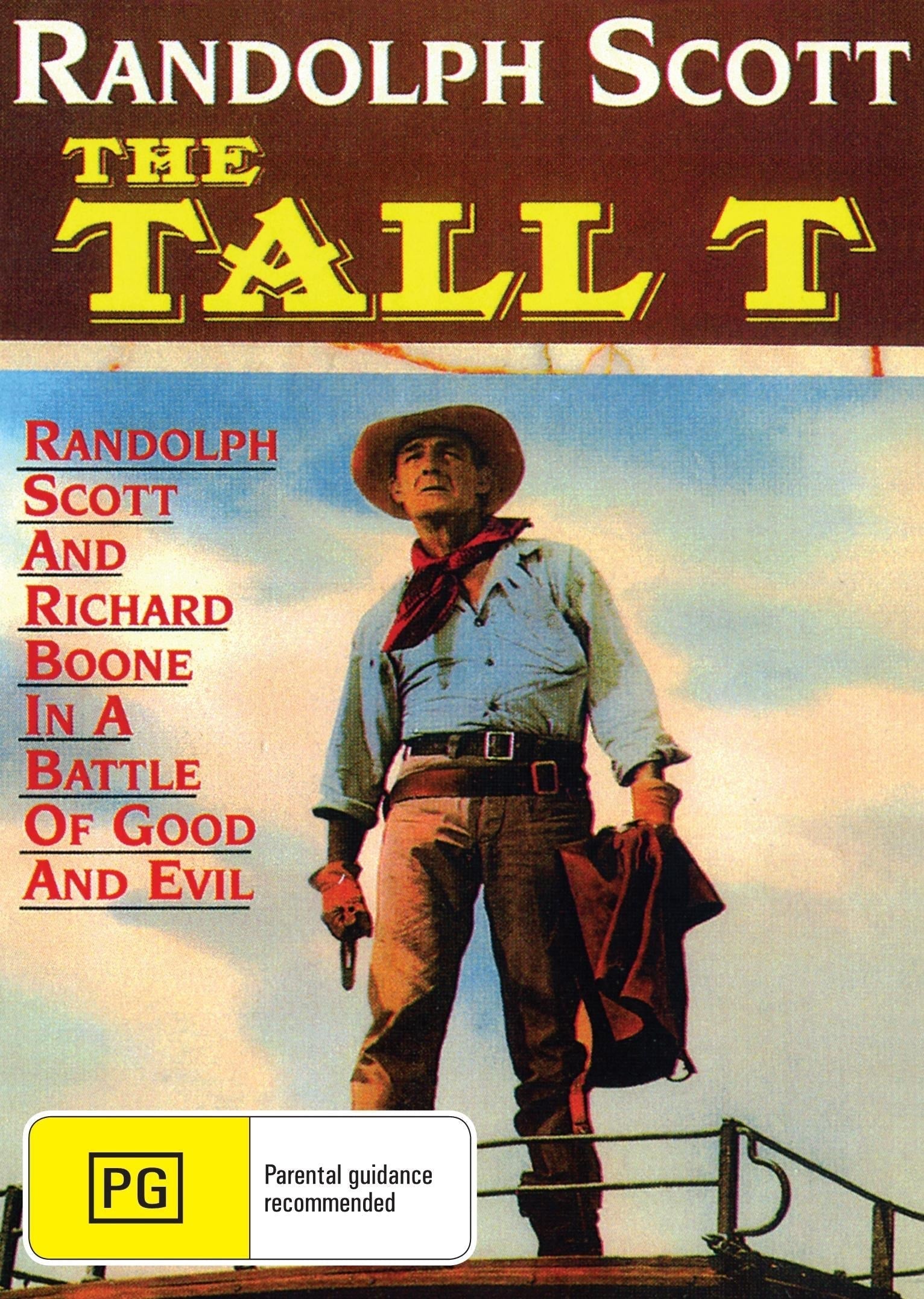 DVD cover for the Western film "The Tall T" featuring Randolph Scott and Richard Boone, available from Rare and Collectible DVDs.