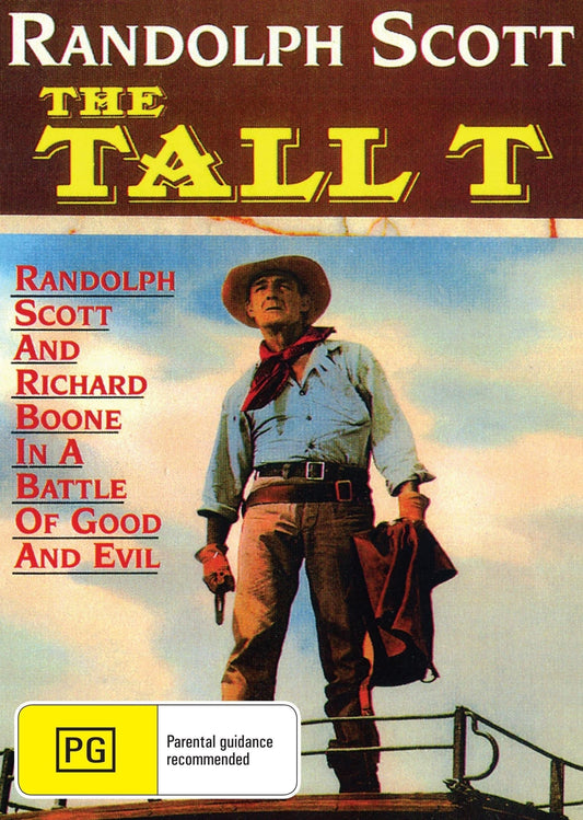 DVD cover for the Western film "The Tall T" featuring Randolph Scott and Richard Boone, available from Rare and Collectible DVDs.