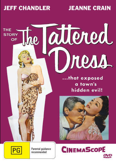 The Tattered Dress DVD featuring crime drama with Jeff Chandler and Jeanne Crain, displayed on a plain background.