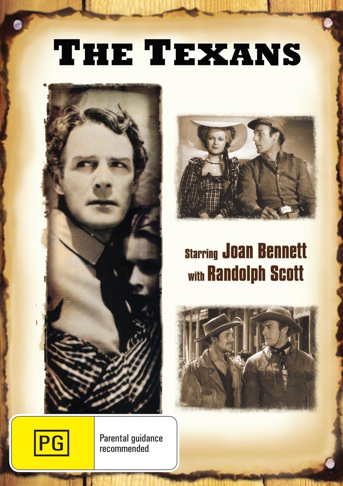 Western DVD titled "The Texans" featuring Joan Bennett and Randolph Scott, displayed with cover art and film details.