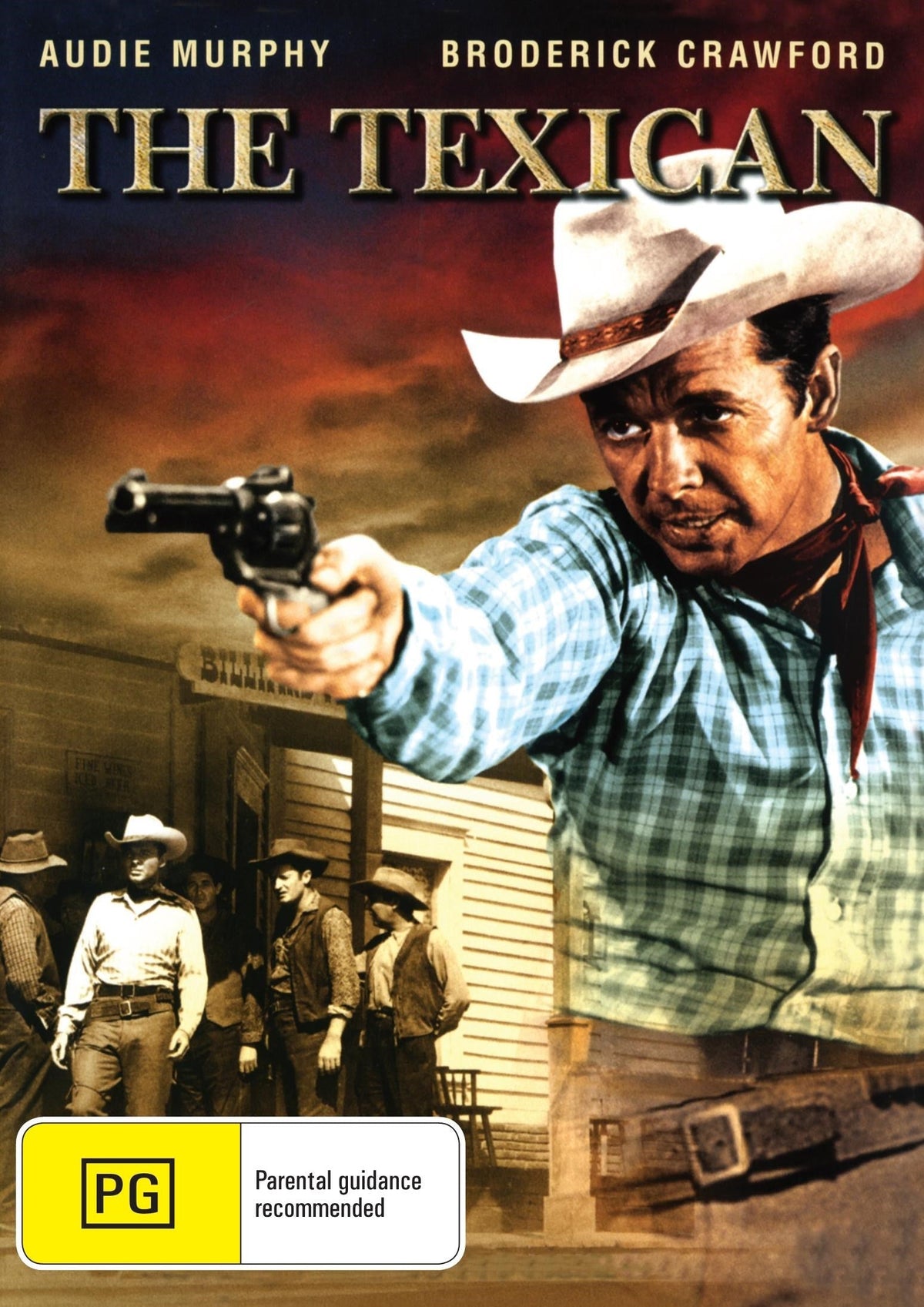 The Texican DVD featuring Audie Murphy and Broderick Crawford, adventure film, with cover art showing the movie title and actors.