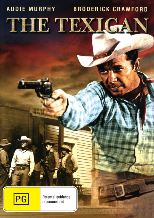 The Texican DVD featuring Audie Murphy and Broderick Crawford, adventure film, with cover art showing the movie title and actors.