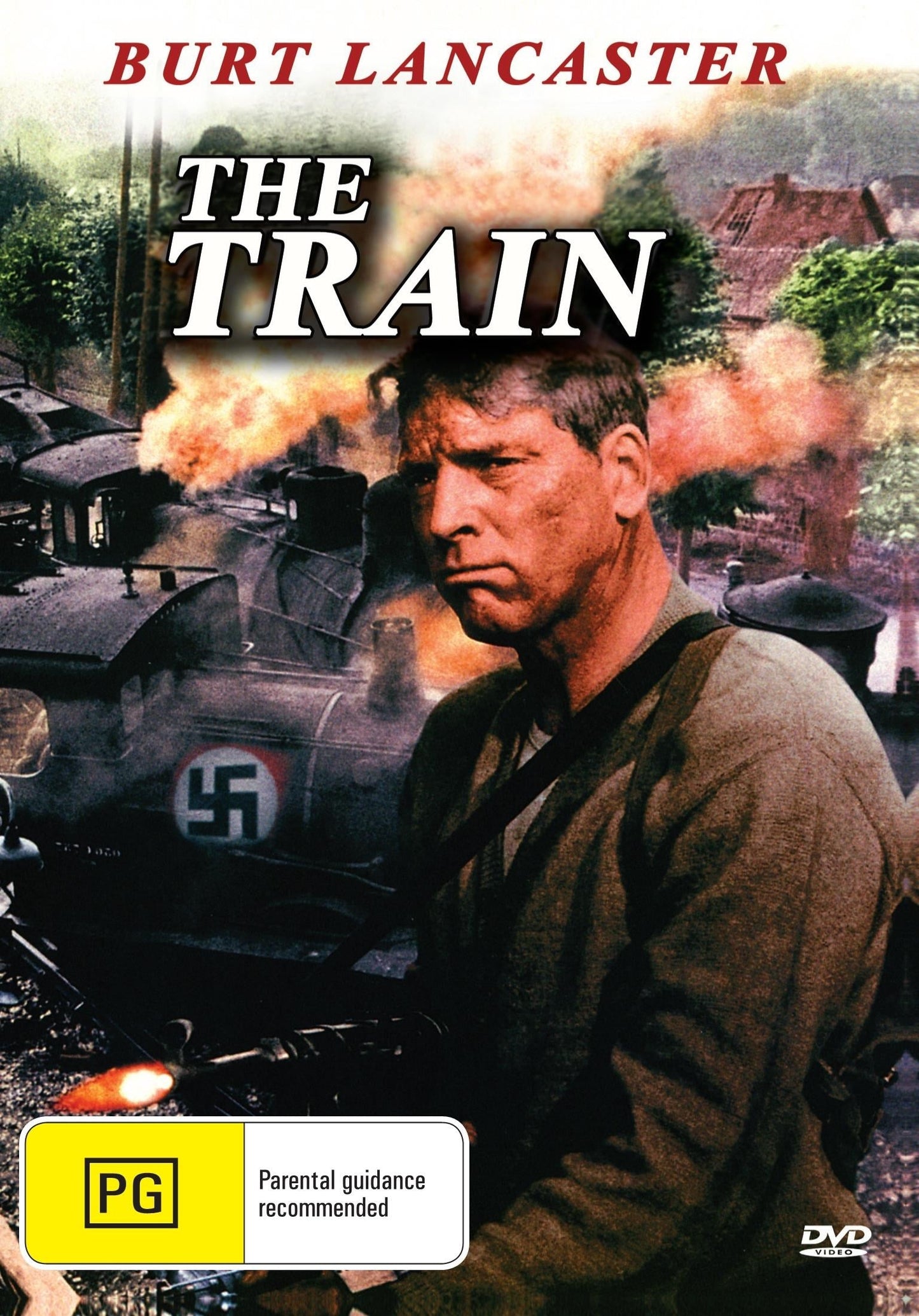 DVD cover of "The Train" featuring Burt Lancaster and Paul Scofield, depicting a wartime scene from the classic film.