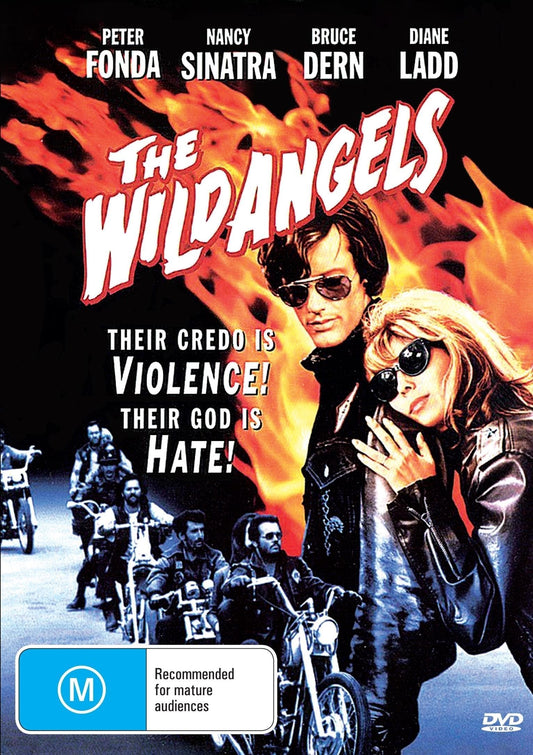 DVD cover of The Wild Angels featuring Peter Fonda and Nancy Sinatra, action film from the 1960s, with vivid movie artwork.