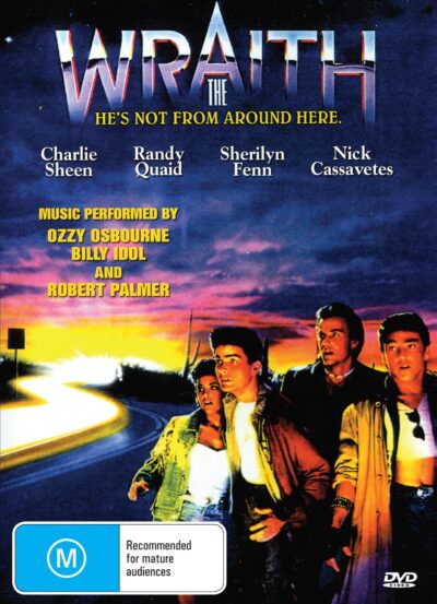 DVD cover of The Wraith horror movie featuring Charlie Sheen and Nick Cassavetes, from RareAndCollectibleDVDs.