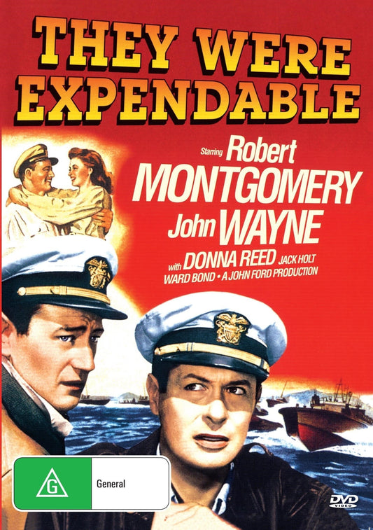 DVD cover of "They Were Expendable" featuring Robert Montgomery and John Wayne, drama film in a vintage style.