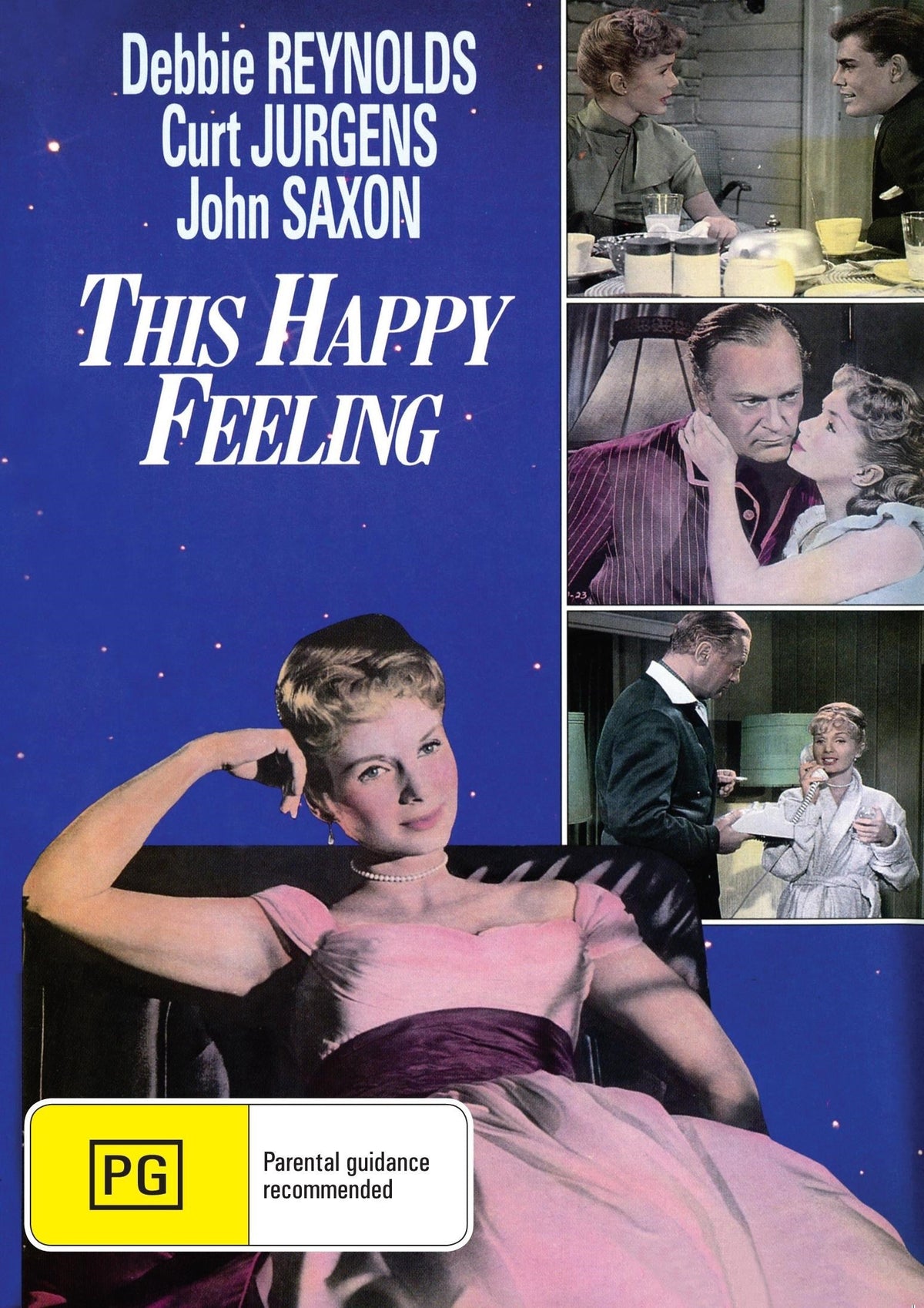 DVD cover of "This Happy Feeling" comedy featuring Debbie Reynolds and Curd Jürgens, with colorful vintage movie artwork.