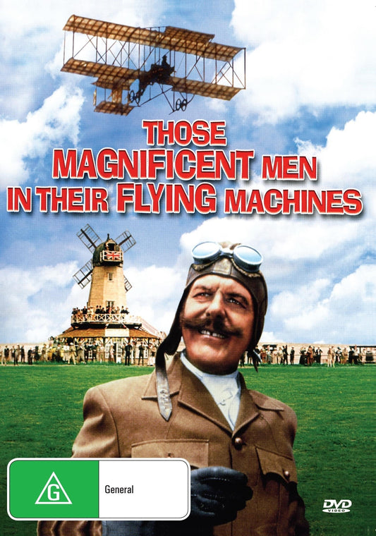 DVD cover for "Those Magnificent Men In Their Flying Machines" featuring Stuart Whitman and Sarah Miles, vintage family adventure film.