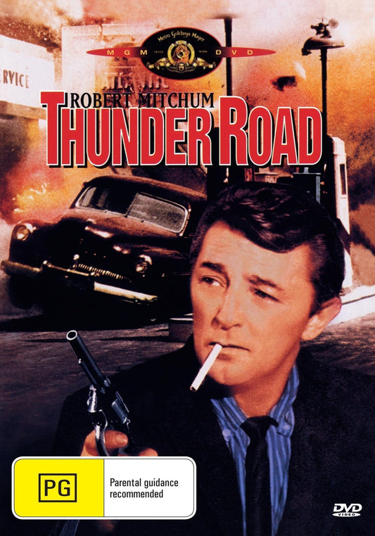 Thunder Road DVD featuring crime drama with Robert Mitchum and Gene Barry, displayed with cover art and packaging.