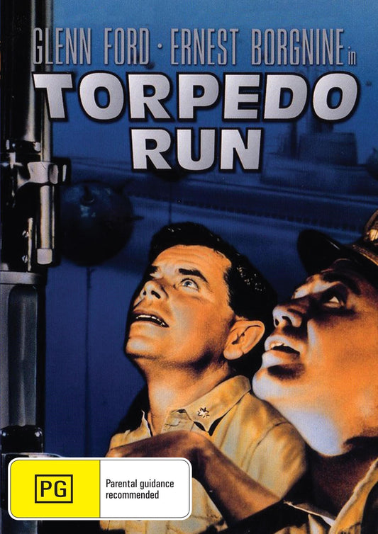 DVD cover of "Torpedo Run" drama featuring Glenn Ford and Ernest Borgnine, with vintage naval ship and wartime imagery.