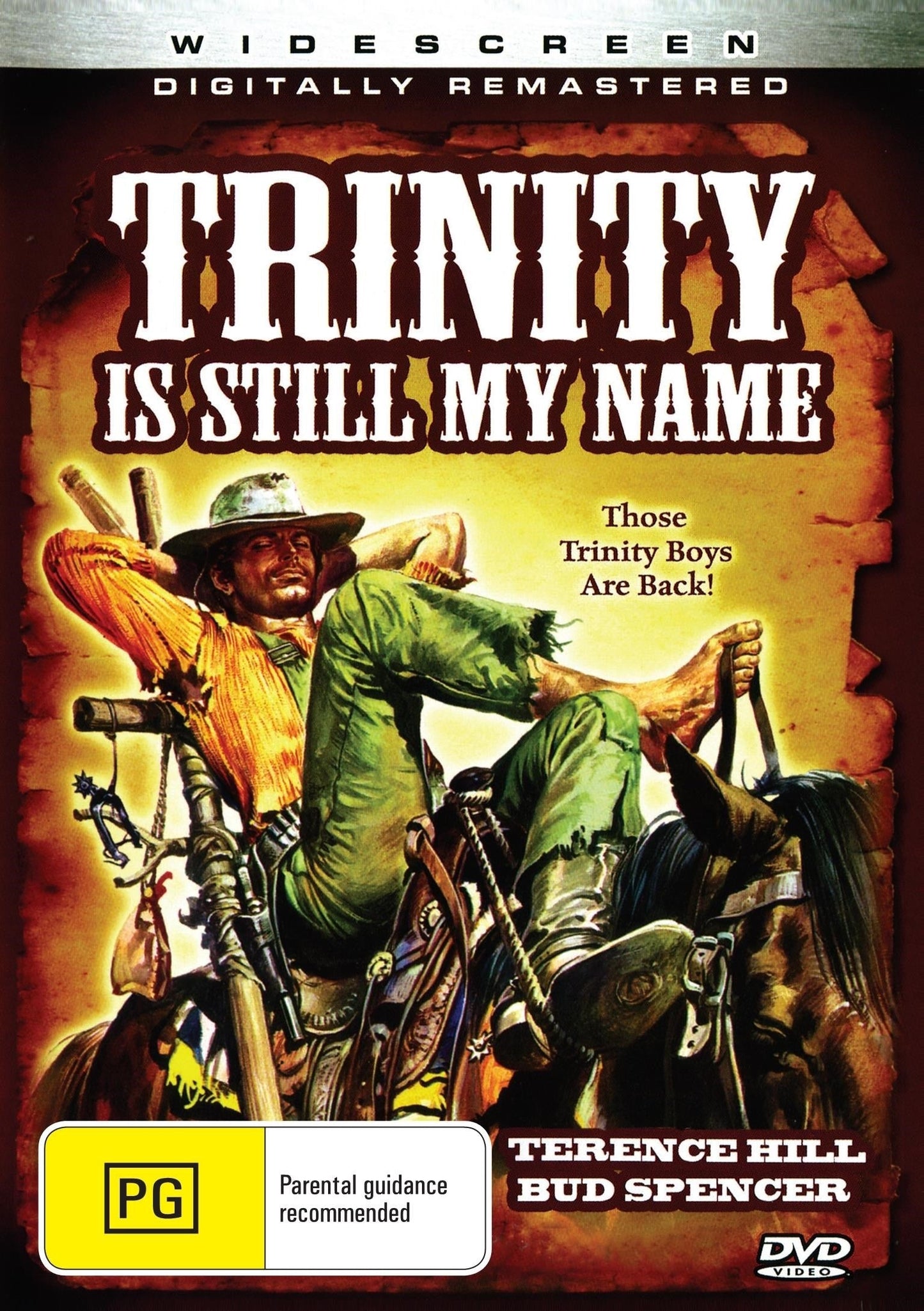DVD cover of Trinity Is Still My Name Western starring Terence Hill and Bud Spencer, featuring action scenes from the film.