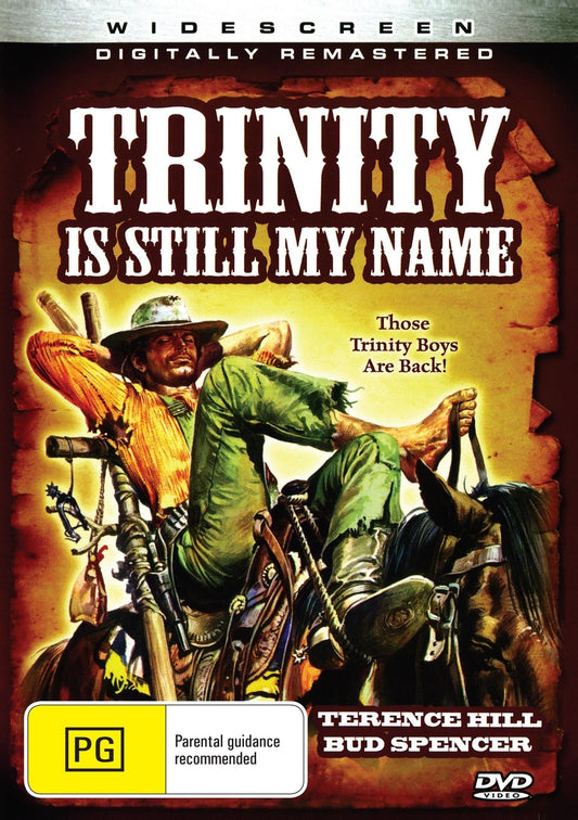 DVD cover of Trinity Is Still My Name Western starring Terence Hill and Bud Spencer, featuring action scenes from the film.