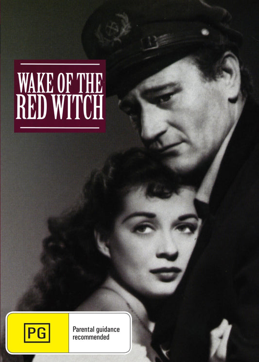 DVD cover of "Wake of the Red Witch" featuring John Wayne and Gail Russell, showcasing vintage action film artwork.