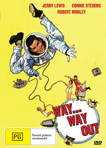 DVD cover for "Way Way Out" sci-fi movie featuring Jerry Lewis and Connie Stevens, collectible edition from rareandcollectibledvds.