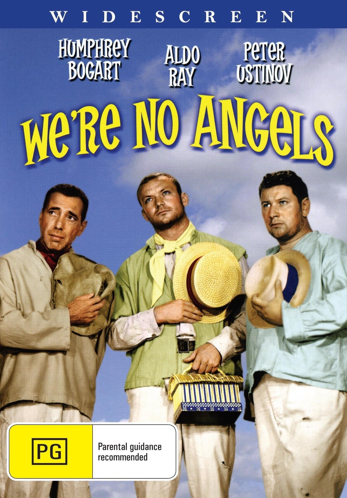 DVD cover of "We're No Angels" featuring Humphrey Bogart and Peter Ustinov, in the crime movie genre, from rareandcollectibledvds.
