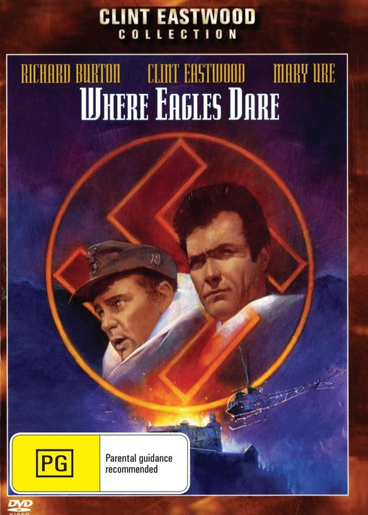DVD cover of "Where Eagles Dare" featuring Richard Burton and Clint Eastwood, action film from rareandcollectibledvds.