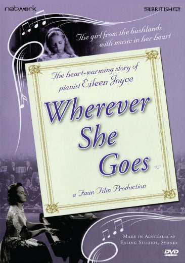 DVD cover for "Wherever She Goes" biography about Eileen Joyce featuring Suzanne Parrett, from RareandCollectibleDVDs.