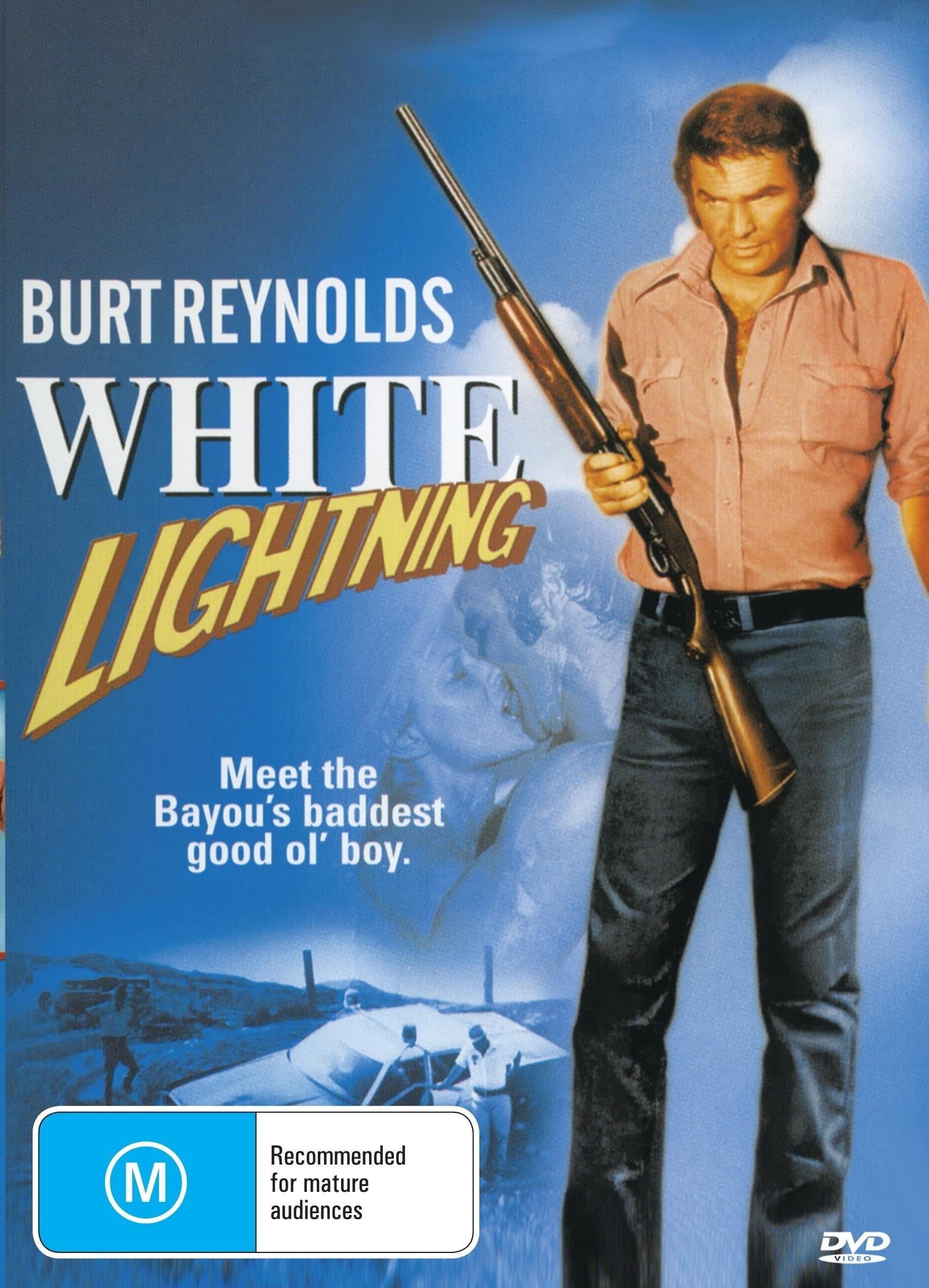 White Lightning DVD featuring Burt Reynolds and Jennifer Billingsley, action film with intense scenes and classic 1970s style.