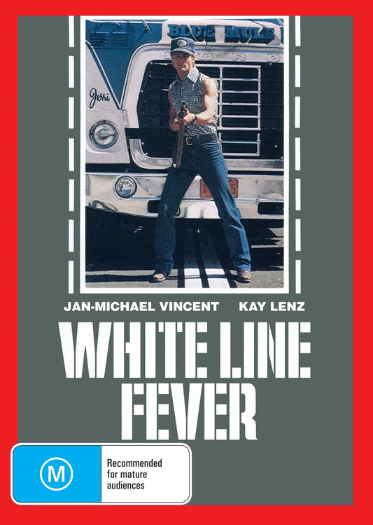 White Line Fever DVD featuring Jan-Michael Vincent and Kay Lenz, crime movie with cover art showing the film title and actors.