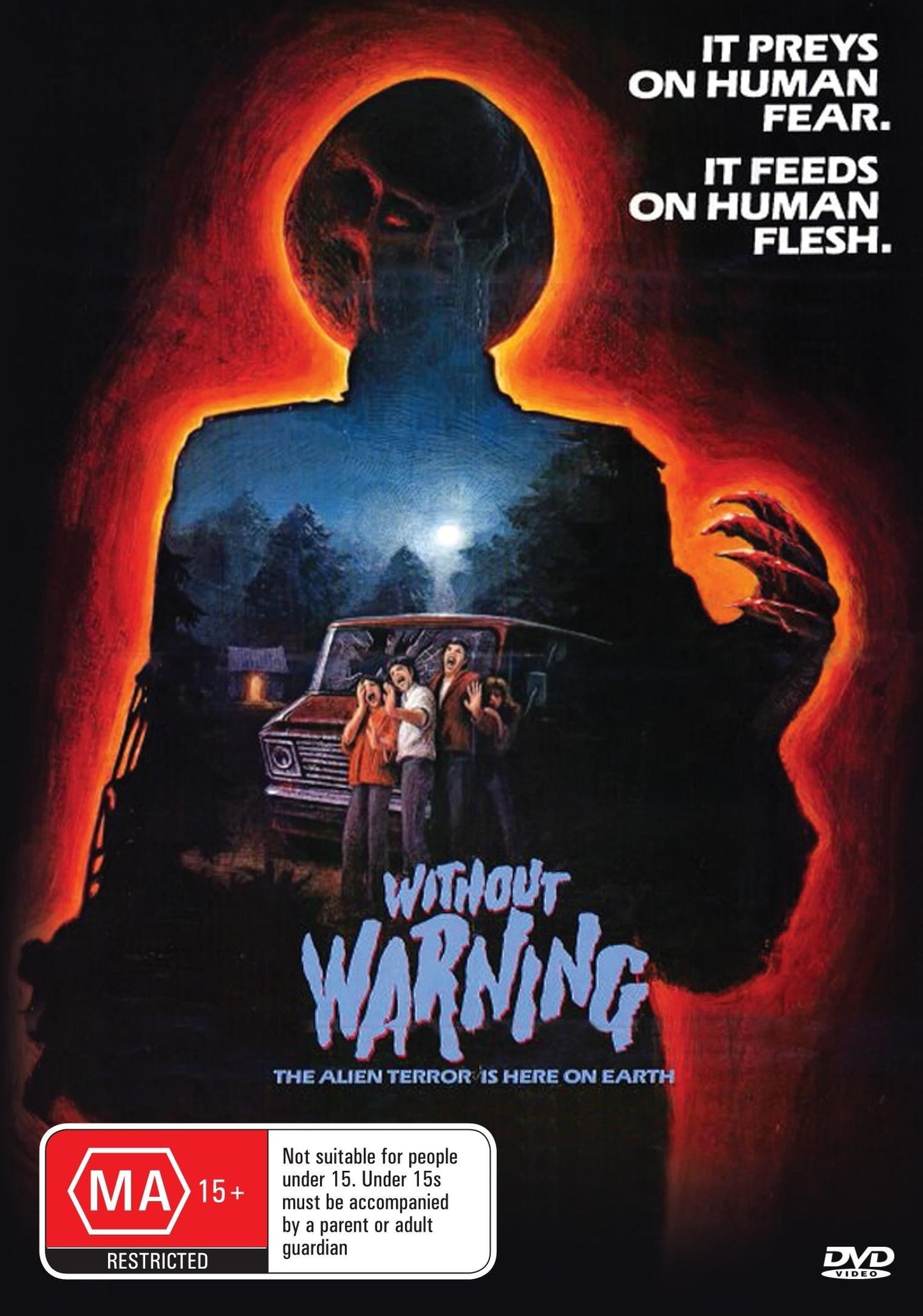 DVD cover of "Without Warning" horror film featuring Jack Palance and Martin Landau, with eerie artwork and film title.
