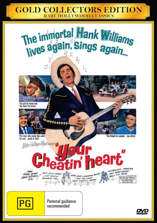 DVD cover for "Your Cheatin' Heart" featuring George Hamilton and Susan Oliver, from rareandcollectibledvds.