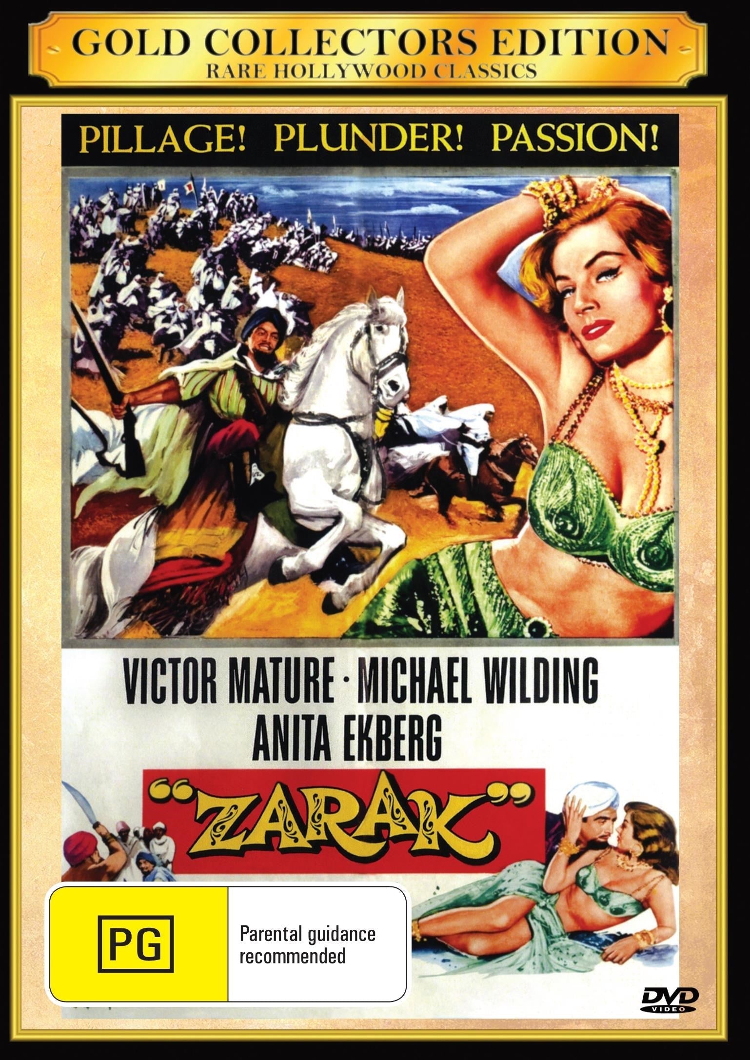Zarak on DVD, a romance film featuring Victor Mature and Michael Wilding, with artwork showing the DVD cover art.