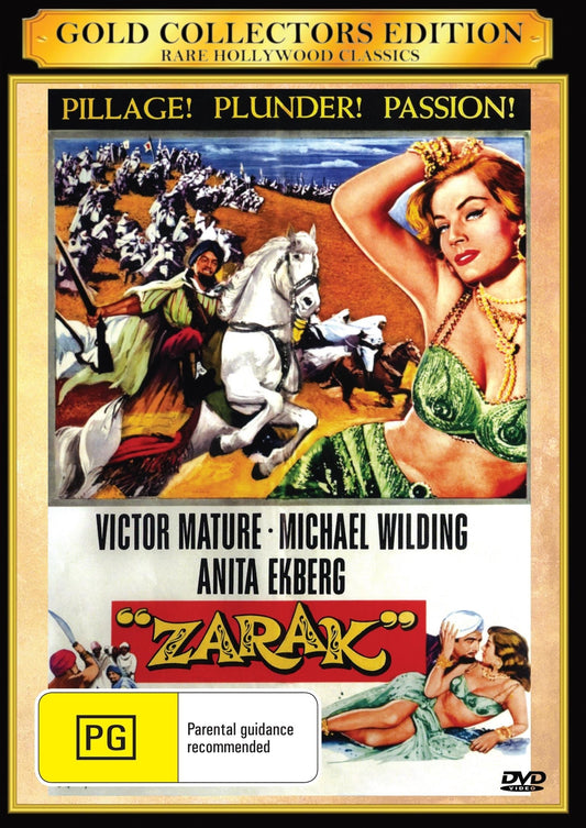 Zarak on DVD, a romance film featuring Victor Mature and Michael Wilding, with artwork showing the DVD cover art.