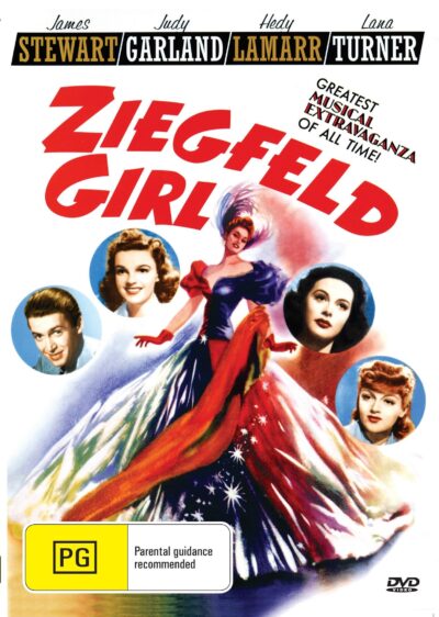 DVD cover of "Ziegfeld Girl" drama featuring James Stewart and Judy Garland, from rareandcollectibledvds collection.