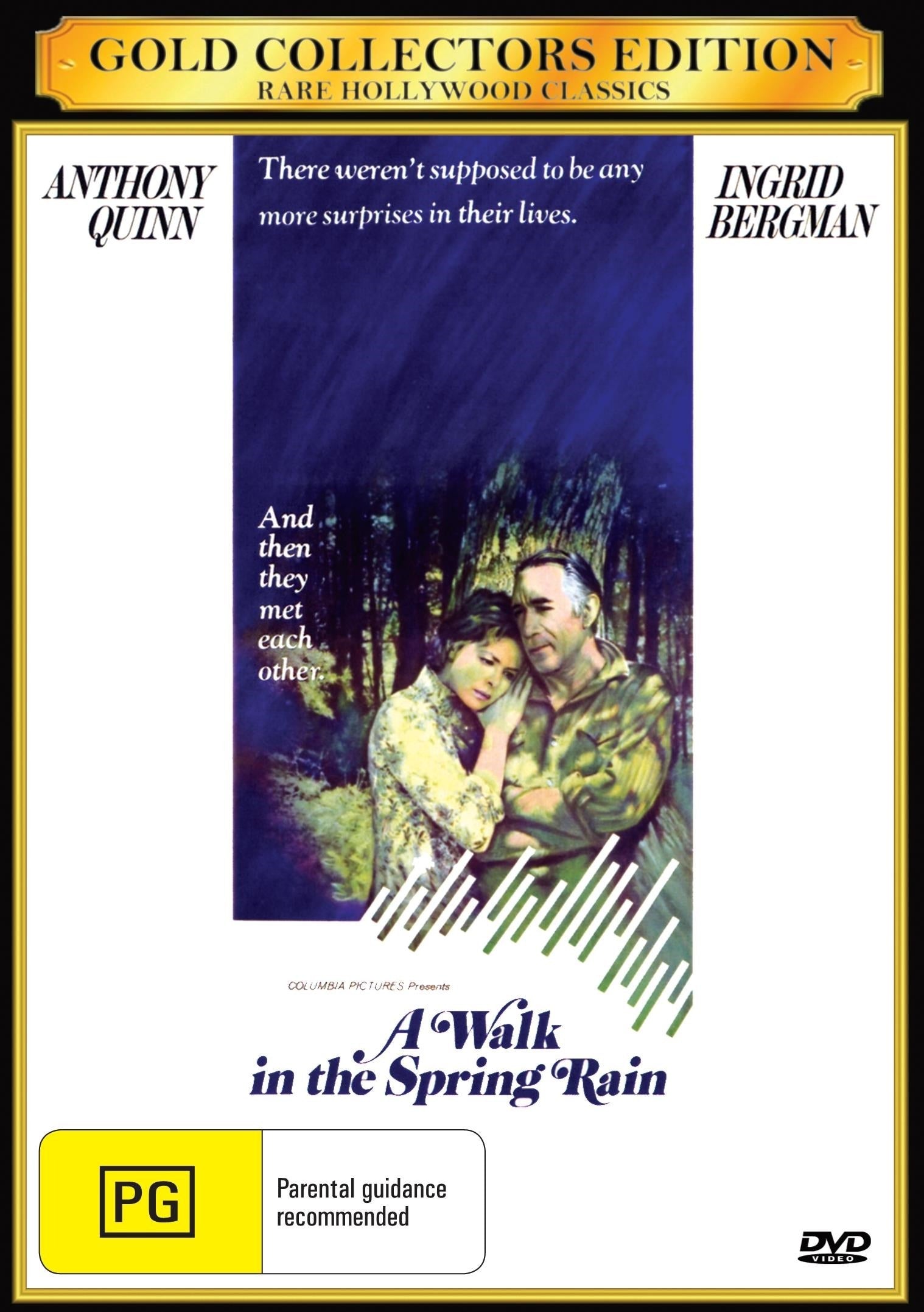 DVD cover for "A Walk in the Spring Rain" drama featuring Ingrid Bergman and Anthony Quinn, from Rare and Collectible DVDs.