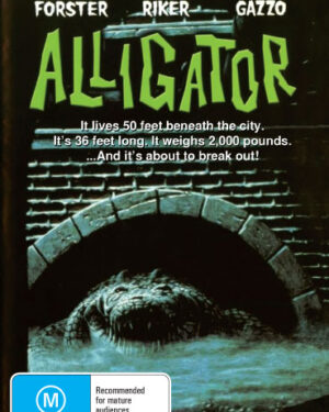 Alligator horror DVD featuring Robert Forster and Robin Riker, displayed with cover art and spine visible.