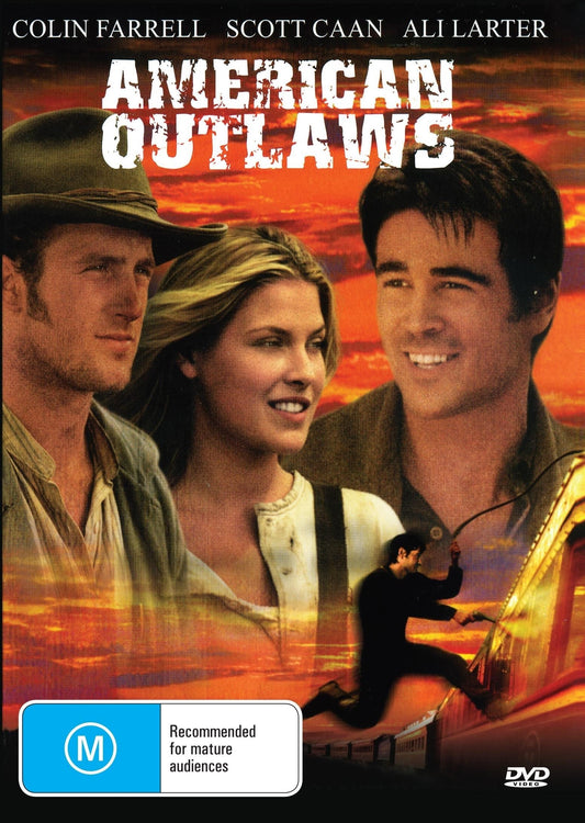 American Outlaws DVD featuring Colin Farrell and Scott Caan, action film with a dynamic scene from the movie.