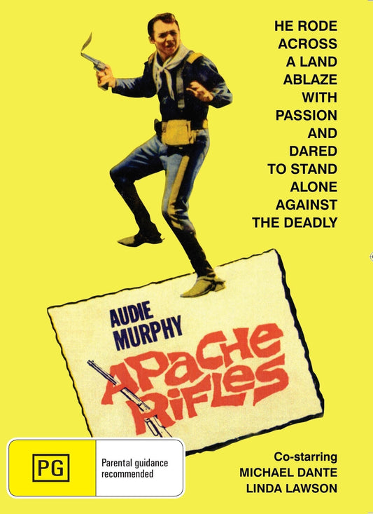 Western DVD titled "Apache Rifles" featuring Audie Murphy and Michael Dante, with DVD case and cover art visible.