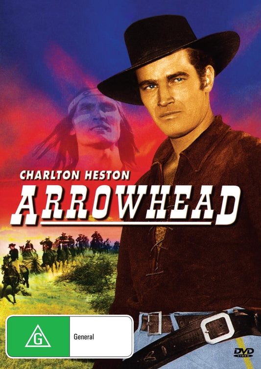 DVD cover of "Arrowhead" drama featuring Charlton Heston and Jack Palance, showcasing the film's artwork and cast.